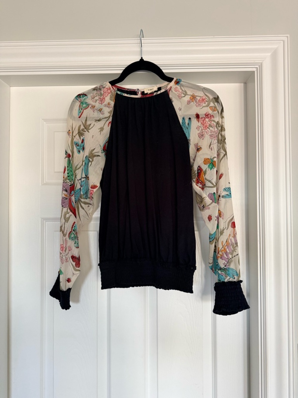 Black Blouse with Floral Butterfly Sheer Sleeves